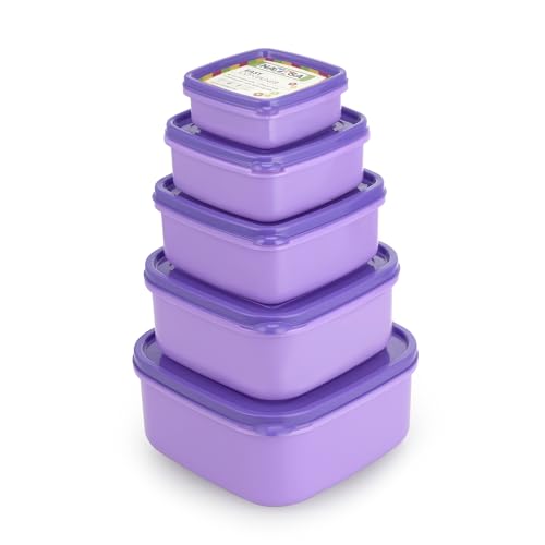 Image of Nayasa Easy Funk Containers (11-15) (250ml + 650ml + 1 + 1.5 + 2.2 L) BPA Free Food Grade Airtight Kitchen Storage Stackable Containers, Purple