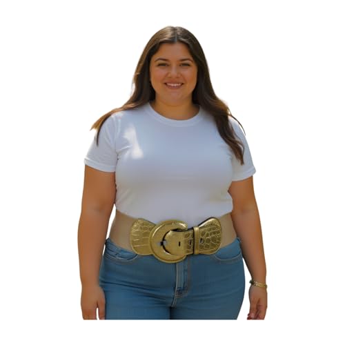 Women Fashion Elastic Belt Hip High Waist Wide Light Gold Color Faux Leather Fabric Size M L XL3