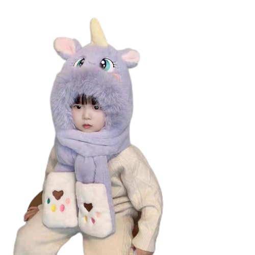 Kid Animal Hooded Scarf Girl Winter Trapper Hat As Christmas gift 3 in 1 Cute unicorn Children Plush Pocket Glove Set