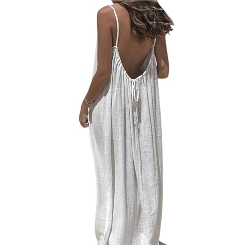 Backless Cami Dresses for Women Sleeveless Spaghetti Strap Flowy Casual Lounge Dress with Feminine Fit (White,M)