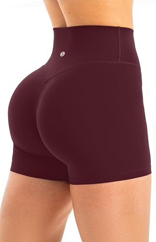 Sogetdo High Waisted Biker Shorts for Women Hidden Scrunch Butt No Front Seam 4.5 Inches Workout Gym Athletic Yoga Shorts S735-Burgundy-S