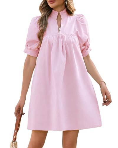 Image of YEXPINE Women's Ruffle Collar High Neck Mini Dress Puff Short Sleeve Cotton Babydoll Peplum Dresses with Pockets
