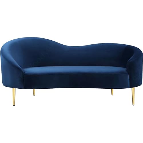 Image of Rosewood Luxury Curved Sofa in Premium Velvet-Fabric | Solid Wood Structure | High Density Foam | Sturdy Golden Legs | Comfortable & Stylish Couch for Modern Living Room (Navy Blue, 2 Seater)