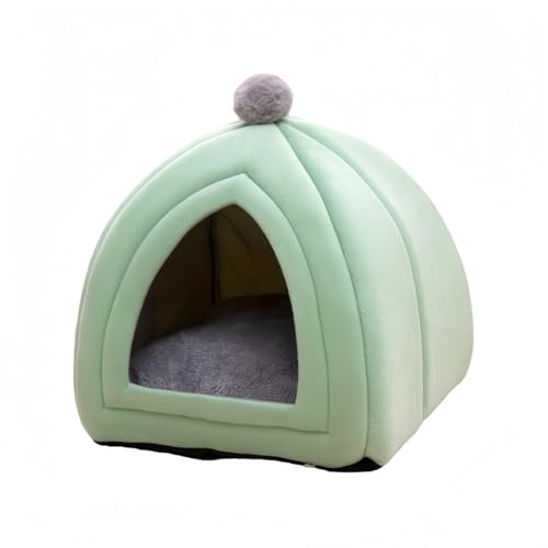 Hymist 冬用暖かいペットベッド 猫ハウス・犬小屋 ドーム型ピラミッドハウス カタツムリ柄おしゃれ ふわふわボアクッション 小型犬・ネコ用隠れ家 洗えるネコベッド・犬用ベッド ソファー風設計 (グリーン,S)