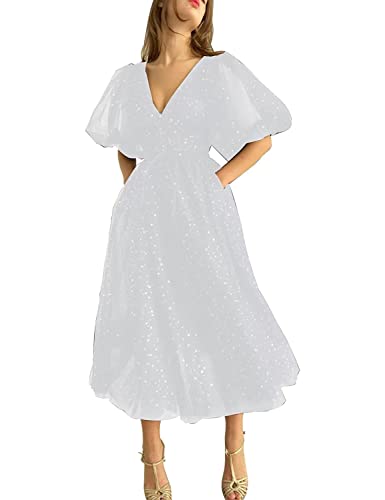 Clothfun Women's Sparkle Starry Tulle Puffy Sleeve Prom Dresses Long Plus Size Formal Evening Gowns with Slit