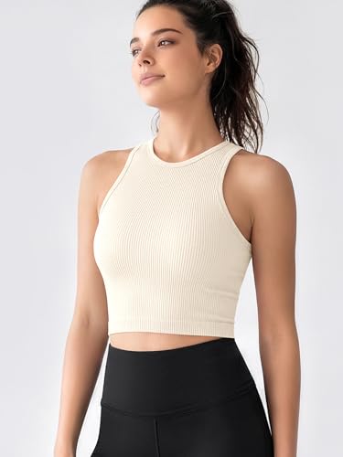 Image of ODODOS 3-Pack Seamless Crop Tank for Women Ribbed Soft High Neck Cropped Tops