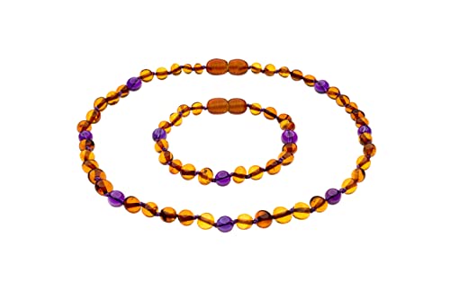 Genuine Amber Necklace & Bracelet From Baltic Sea Made With Polished Cognac & Amethyst 34 & 15 cm (13.4 & 5.9 Inches)
