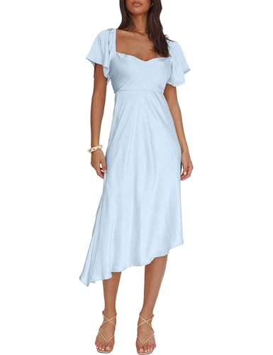 2026 Satin Cowl Neck Flutter Sleeve Midi Dress Silk Sexy Tie Back Asymmetrical Hemline Formal Long Dresses for Wedding Guest Lightblue : Clothing, Shoes & Jewelry