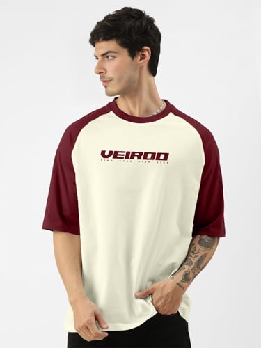 Image of Veirdo 100% Pure Cotton Oversized Loose Baggy Fit Drop Shoulder Round Neck Cool Front Chest Typographic Logo Printed Raglan Sleeve T-Shirt for Men (Colors: White, Black, Swanwhite, Beige & Grey)