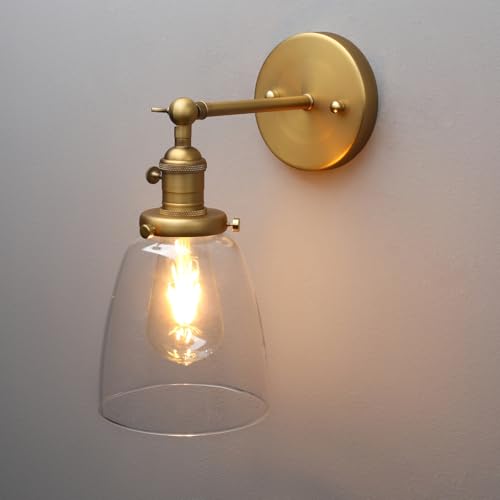 Image of PERMO Industrial Vintage Sconce with Oval Cone Clear Glass Shade 1 Light Single Sconce Wall Light for Living Room Bedroom (Antique Gold)