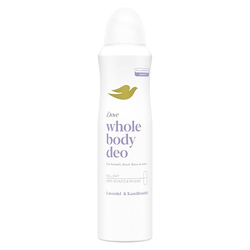Dove Whole Body Deodorante spray alla lavanda e alla camomilla con 0% sali di alluminio per ascelle, petto, gambe e oltre 150 ml