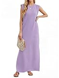 Enmain Vestido Largo Mujer Verano Sin Mangas Cuello Redondo con Bolsillos Laterales y Fisiones Elástica Antiarrugas Casual Elegante Vestidos Lila Mujer de Vacaciones Fiesta Tallas L