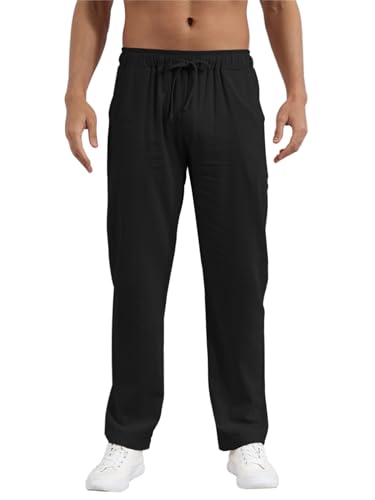 outfit spring Pantaloni Lino Uomo Pantaloni Uomo Estivi Leggeri Pantalaccio Uomo Estivo Lunghi Lino Cotone Pantalone Uomo Elastici Vita con Coulisse S-XXXL Nero XXL