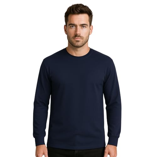 Image of Mens Long Sleeve T-Shirt Top Cuffed Crew Neck Plain Jersey Tee Top Adults Casual Wear (Navy, M)