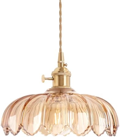 Shenmoyl Pendant Light with Amber Scindapsus Glass Lmapshade, Bra...