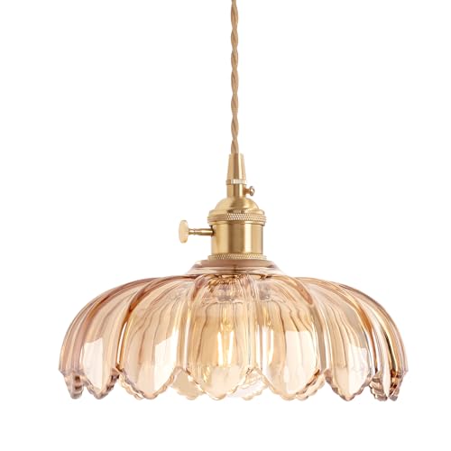 Shenmoyl Pendant Light with Amber Scindapsus Glass Lmapshade, Brass Vintage Pendant Light Adjustable...