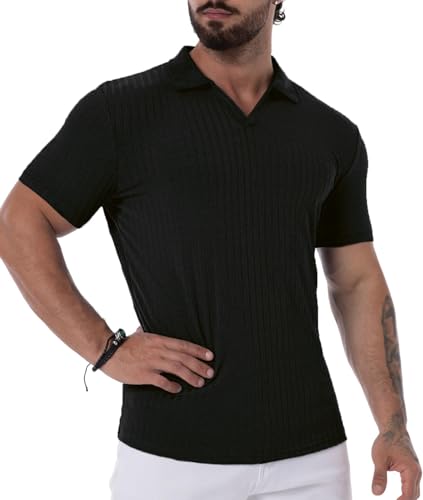 Men's Collared Muscle Polo Shirts Slim Fit Short Sleeve V Neck T Shirts Men Ribbed Golf Shirt Casual Stylish3