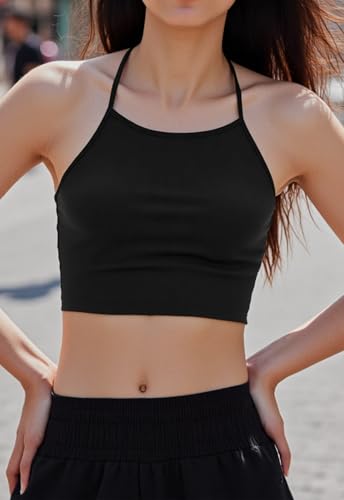 Women's Halter Neck Crop Tops Sleeveless Tight Camisole Tie Backless Cami Tops(ALC10025,Black,L)