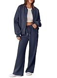 Aleumdr Women's 2 Piece Outfits Oversized Fleece Sweatsuit Zip Up Long Sleeve Sweatshirt with Wide Leg Sweatpants Navy Blue Large