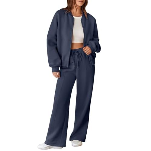 Aleumdr Women's 2 Piece Outfits Oversized Fleece Sweatsuit Zip Up Long Sleeve Sweatshirt with Wide Leg Sweatpants X-Large Navy Blue