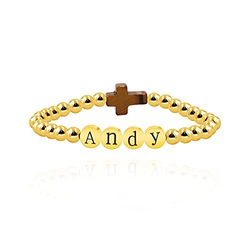Image of Uloveido Black Agate Side Cross Bracelet Mustard Seed Charms, Personalized Letter A-Z Tiger's Eye Bangle Y944