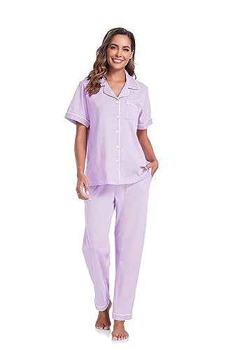 Image of COLORFULLEAF Women's 100% Cotton Pajamas Set Button Down Sleepwear Short Sleeve Shirt and Long Pants Soft Ladies Lounge Sets