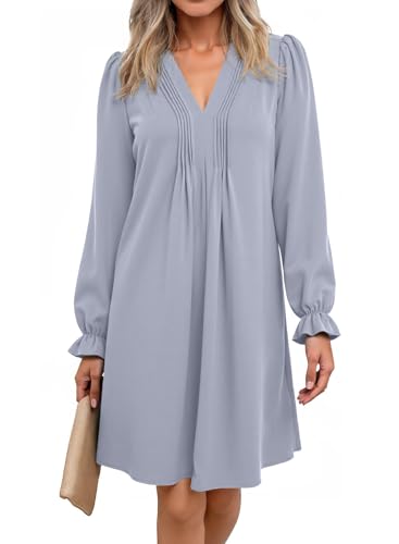 Image of Dokotoo Womens Casual Dress A-Line Ruffle Sleeve V Neck Midi Dress 2025 Fashion Pleated Flowy Sundress Loose Shirt Dresses