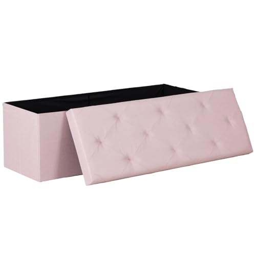 Image of DUMOS 43in Foldable Storage Ottoman Bench, Storage Chest, Large End of Bed Foot Rest Stool with Padded Seat, Bedroom Bench for Living Room, Support 660lbs, Pink