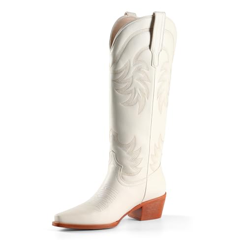 iiimmu Cowgirl Boots Women Knee High Boots Pointed Toe and Block Heel Cowboy Suede Boots with Embroidered, Pu Bone White - Calf High, 8
