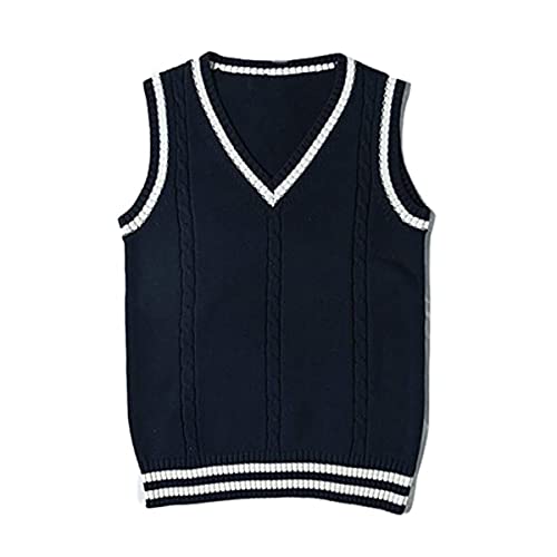Jinghuiyue Women’s V Neck Sweater Vest School Uniform Cable Knit Sleeveless Sweaters Pullover Tank Tops(Stripe Navy Blue-S)