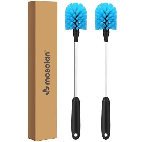 MOSOLAN Stainless Steel Water Bottle Brush Long Handle Scrubbing Brush Built for Cleaning Sport Bottles Baby Bottles Cups Coffee Mugs Glasswares Wine Decanters Flask 2 Pack 15 in
