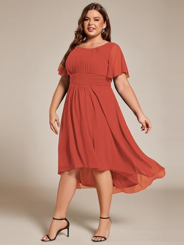Ever-Pretty Women's A Line Crew Neck Short Sleeves Pleated Elastic Back Chiffon Midi Plus Size High Low Wedding Guest Dresses3