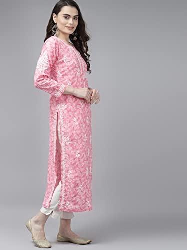 Image of Ada Women's Cotton Straight Fit Straight Hand Embroidered Lucknowi Chikankari Kurta Kurti A411378