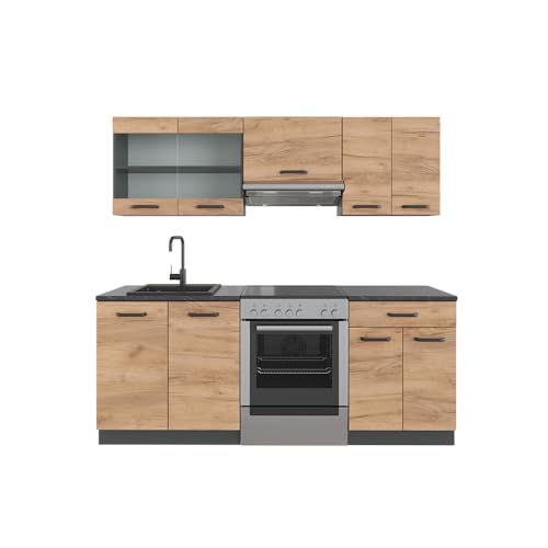 Vicco Küchenzeile R-Line, Goldkraft Eiche/Anthrazit, 200 cm ohne Arbeitsplatte