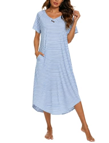 YOZLY Nightgowns for Women Short Sleeve Long Night Gowns Soft V Neck Sleepwear with Pockets, Light Blue Stripe, Medium