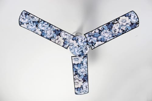 Image of Dustproof Premium Three Blade Ceiling Fan Cover with attachable Enclosure, Set of 1 Fan Cover (Blue Flower).