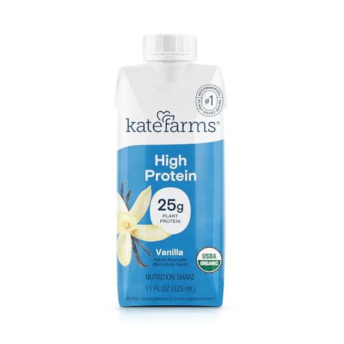 Image of KATE FARMS Organic High Protein Vanilla Nutrition Shake, 25g Protein, 6g Fiber, 27 Vitamins and Minerals, 0g Sugar, Protein Drink, 11 oz Bottle