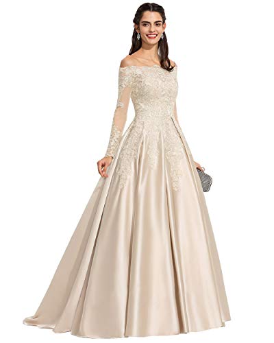 Miao Duo Damen Schulterfreies Satin-Abschlussballkleid mit Spitzenapplikationen und langen Ärmeln, formelle Partykleider MDPM3234 – Bild 6