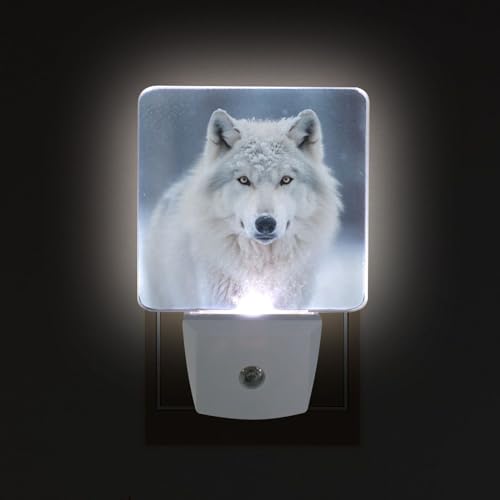 Image of Grey White Wolf Night Lights 2 Pack Plug-in Wall Led Nightlight Auto Dusk-to-Dawn Sensor Lamps for Bedroom Kitchen Bathroom