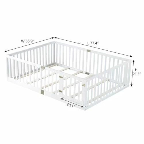Image of Bellemave Full Size Kids Montessori Floor Bed Frame with Door and Slats,Solid Wood Floor Bed Frame with Slats and High Fence for Kids,Girls,Boys,White