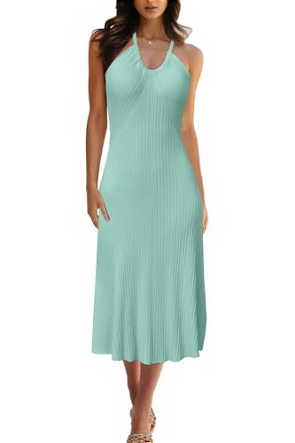 Image of Arach&Cloz Women's Knit Adjustable Halter V Neck Summer Vacation Dress 2025