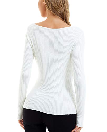 QUALFORT Women Fall Tops 2025 Sexy V-Neck Sweater Knit Wrap Tops for Women Slim Fit Pullover s White Medium3