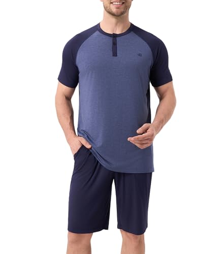 DAVID ARCHY Men's Pajamas Set Summer Cooling Loungewear Ultra-Soft Pjs Lightweight Short Sleeves Shirts and Shorts Sleep Sets (M, Navy Blue)