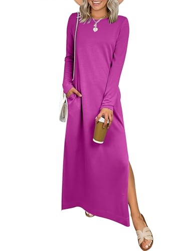 ANRABESS Women Long Sleeve Dresses 2025 Fall Casual Crewneck Loose Fit Split Flowy Wrinkle-Free Travel Vacation Maxi Dress Purple Red X-Large