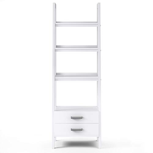 Image of SIMPLIHOME Sawhorse Bookcase - 72 inch Tall Solid Wood Ladder Shelf with Storage in White, Modern Industrial Display for Living Room, Study Room or Office with Open Shelves and Drawer Cabinet