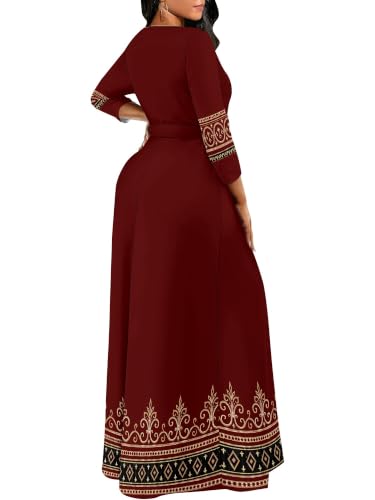 Image of Plus Size Maxi Dress for Women V Neck 3 /4 Sleeve Wrap Dress