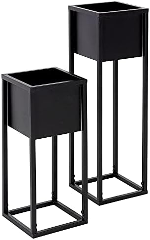 Spetebo - Set Di 2 Portavasi In Metallo Con Vasi Neri, Rotondi, Altezze 74 E 58 Cm - Supporto Per Piante In Ferro Con Piedini In Gomma, Per Interni, Colore Nero