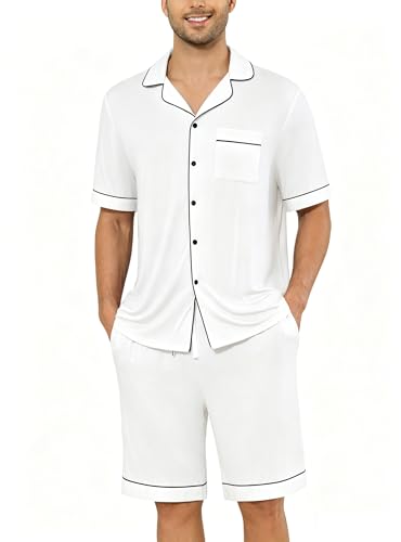 Image of Veseacky Men's Button Down Pajama Set Short Sleeve Shorts Modal Soft Sleepwear Loungewear Pjs with Pockets S-XXL