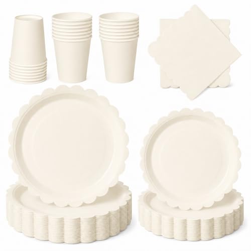 PYAILI Juego de cubiertos en blanco crema, total de 96 piezas: incluye platos, vasos de papel y servilletas, ideal para fiestas de cumpleaños, banquetes y otros eventos-24 Invités