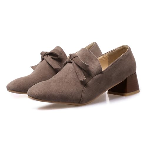 Alyaafifa Bow Pumps for Women Stacked Block Mid Heel Closed Square Toe Slip On Office Lady Working Dressy Shoes Comfortable Suede Leather Heeled Loafers Casual Daily Wear